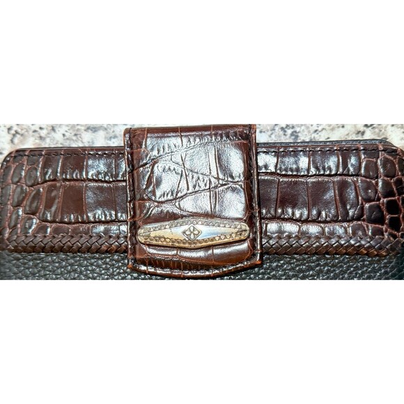 Brighton Vintage Leather Croc Embossed Bi-Fold Checkbook Wallet Brown/Black - Picture 4 of 10